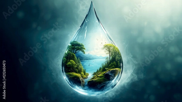 Fototapeta Nature in a Water Droplet. A Symbol of Conservation, Sustainability, and the Fragility of Our Ecosystem