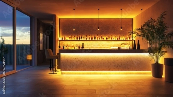 Fototapeta A bar counter with glowing under-counter lights and natural light from a nearby window