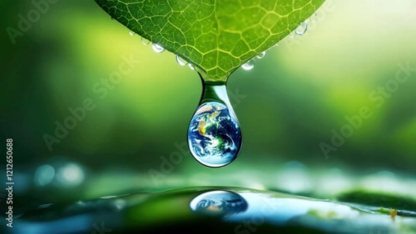 Fototapeta Earth in a Water Drop on a Leaf: Symbolizing Sustainability, Conservation, and the Connection Between Nature and Planet