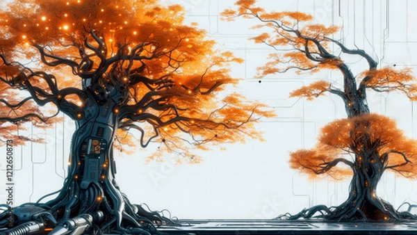 Fototapeta Futuristic Cybernetic Trees with Glowing Orange Leaves: A Fusion of Nature and Advanced Technology