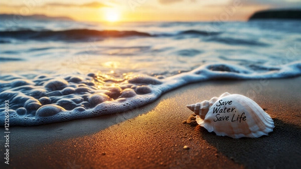 Fototapeta Save Water, Save Life: Inspirational Message on a Seashell by the Shoreline at Sunset