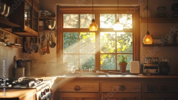 Fototapeta A rustic kitchen with sunlight streaming through a small window and warm hanging lights
