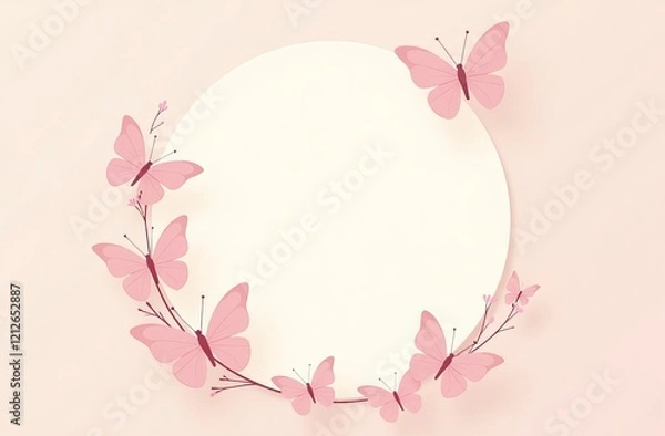 Fototapeta Round frame with pink butterflies. A frame with a place to insert text. Cute design with tips for advertising.