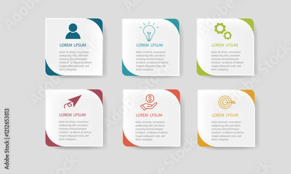 Fototapeta Business concept 6 steps with colorful label design for workflow layout, diagram, annual report, web design. Creative banner vector.