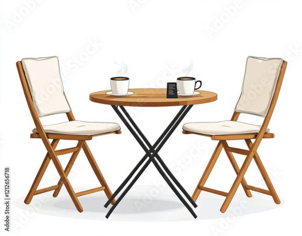 Fototapeta Illustration of a cafe table with chairs, on which there is a cup of coffee, on a white background.
