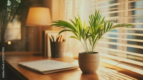 Obraz A potted palm plant sits on a windowsill in sunlight