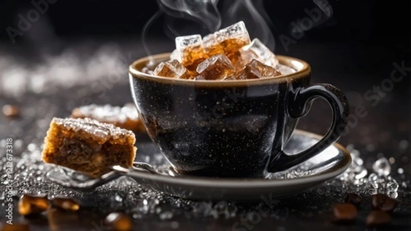 Obraz A steaming cup of coffee topped with ice cubes, accompanied by a sweet pastry.