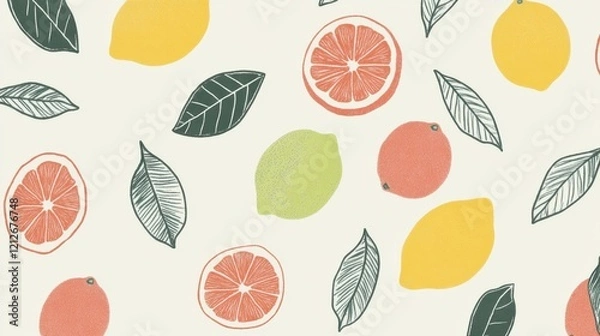 Fototapeta A colorful sketch of citrus fruits including oranges, lemons, and limes, elegantly arranged on white.