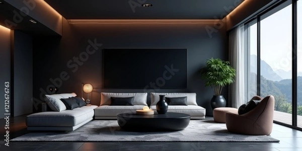 Fototapeta A modern living room with a sleek and sophisticated design