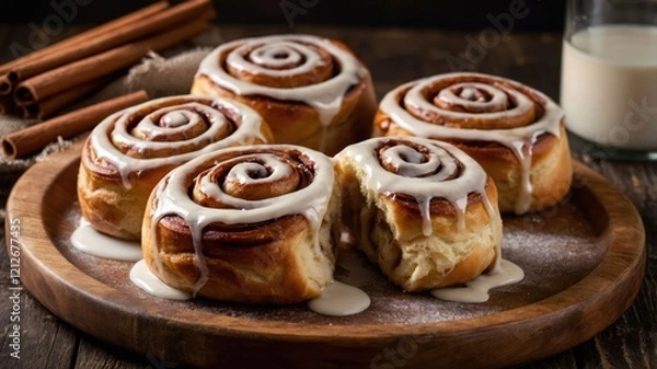 Fototapeta Delicious cinnamon rolls drizzled with icing on a wooden platter, perfect for dessert.