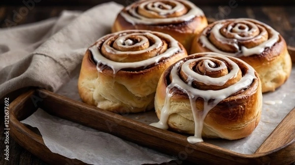 Fototapeta Freshly baked cinnamon rolls drizzled with icing on a wooden tray.