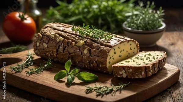 Fototapeta A rustic wooden board displaying a log of cheese garnished with herbs and accompanied by vegetables.