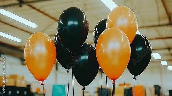 Obraz Minimalistic composition of black and orange balloons floating in an infinite void, framed with precise lighting and ample negative space