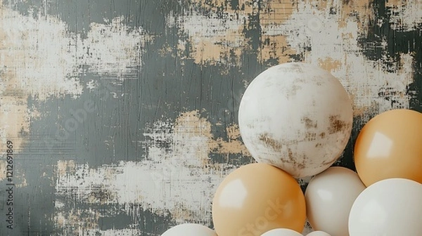 Fototapeta A serene arrangement of white and yellow balloons drifting softly in front of a muted grey background with diffused light