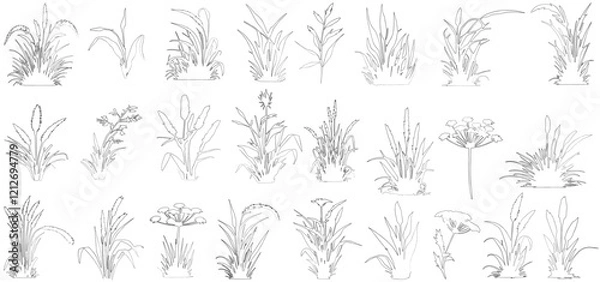 Fototapeta Plant elevation line silhouettes outline - grass, shrub, tree big set vector