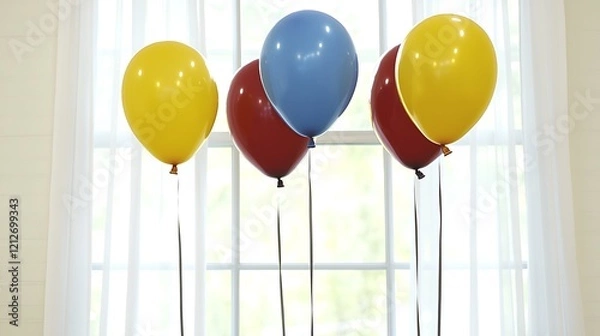 Fototapeta A subtle arrangement of muted yellow, blue, and red balloons, contrasting softly against a plain white backdrop