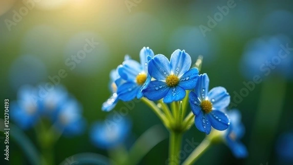 Fototapeta Close-up of blue wildflowers with dew drops at sunrise	