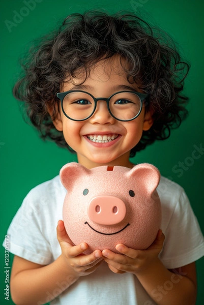 Fototapeta Portrait of Child Holding Piggy Bank