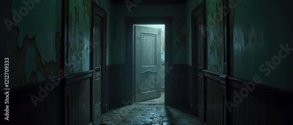 Obraz The door creaks open, revealing a dark and foreboding hallway