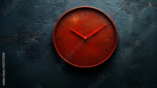 Fototapeta A simple red clock hangs on a dark, textured wall