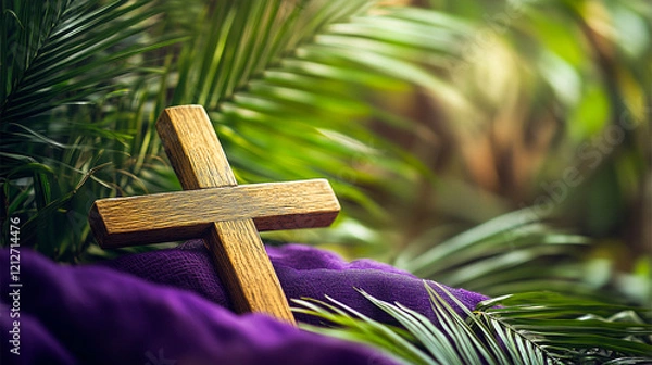 Fototapeta Wooden Cross on Purple Cloth with Palm Fronds
