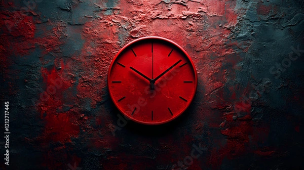Fototapeta A simple red clock hangs on a dark, textured wall with red splashes