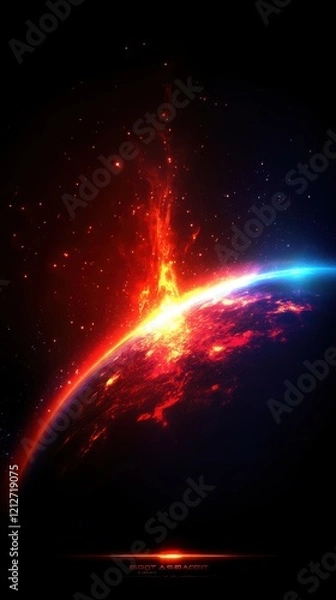 Fototapeta A vibrant, glowing planet with fiery eruptions against a dark backdrop, showcasing a dramatic cosmic scene.