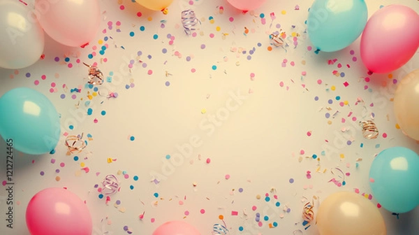 Fototapeta birthday party frame with balloons and confetti on vintage background, free space for text