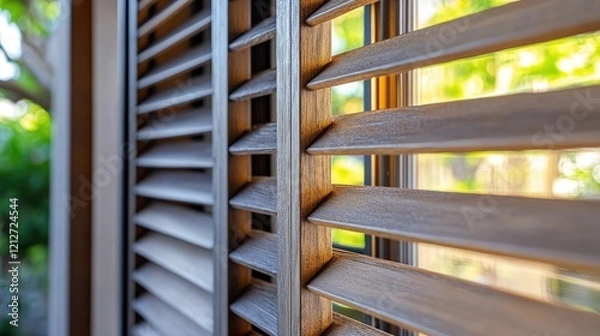 Fototapeta Closeup of vintage wooden window shutters showcasing intricate craftsmanship and natural wood textures in a sunny setting.