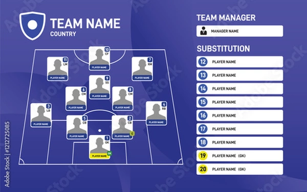Fototapeta Football team formation with 11 avatar numbers vector illustration. soccer starting lineup for broadcasting