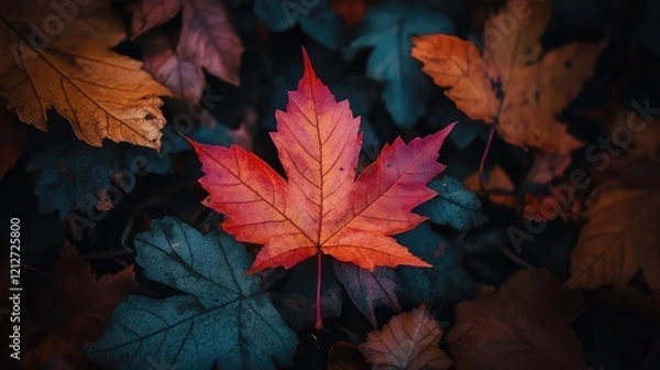 Fototapeta Colorful autumn maple leaves with vibrant red and orange hues scattered on dark forest floor, creating a rich seasonal tapestry in the woods.