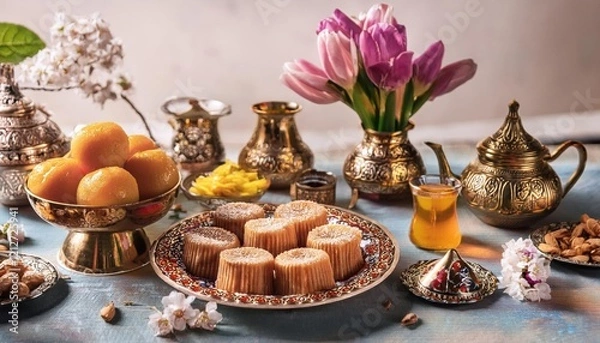 Fototapeta A rich spread of sweets, flowers, and traditional utensils captures the joy of spring.
