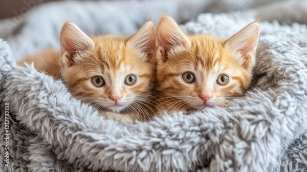 Fototapeta Two cute orange kittens nestled together in a soft gray blanket creating a cozy and heartwarming scene of companionship and warmth.