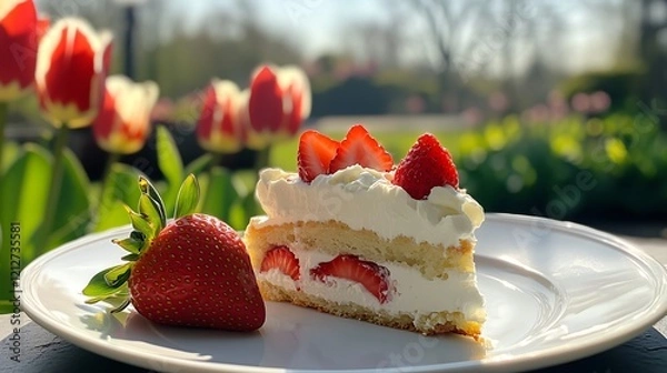 Fototapeta Creamy strawberry chiffon cake slice on white plate with spring tulips garden field park view, huge strawberry aside
