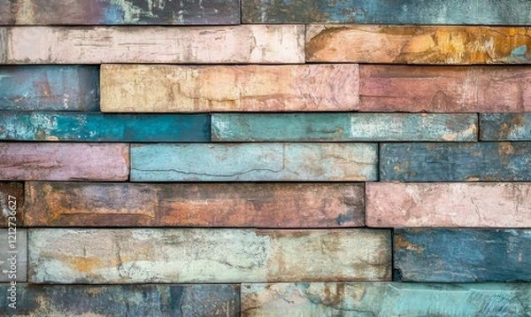 Fototapeta Overhead view of a layered brick wall with fading colors, brick, faded, wall
