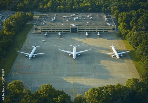 Fototapeta Aerial View of Three Commercial Airplanes on Tarmac at Airport Hangar Surrounded by Lush Green Trees in Early Morning Light