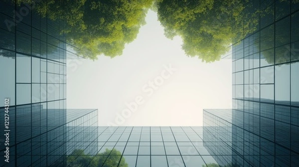 Obraz A view of a city with a large tree in the middle of two buildings