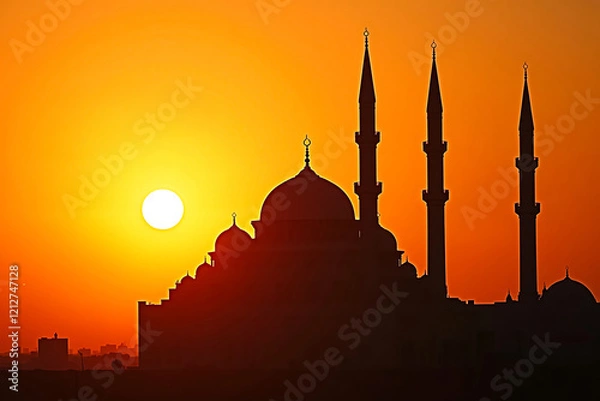 Obraz Silhouette of mosque at sunset with flying birds capturing Ramadan's spiritual tranquility
