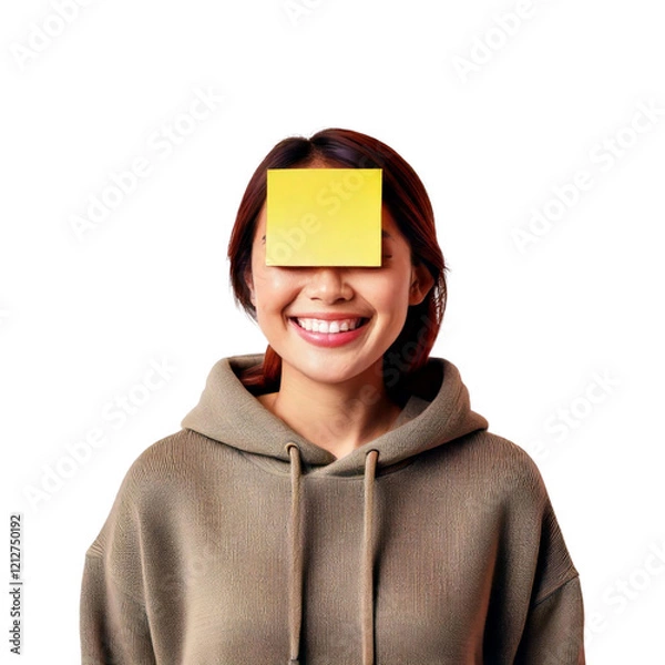 Obraz Happy young woman with a yellow sticky note covering her eyes, smiling on a black background.  Perfect for concepts of mystery, fun, or ideas.