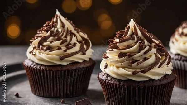 Fototapeta Delicious chocolate cupcakes topped with creamy frosting and drizzled chocolate.
