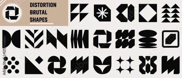 Fototapeta Brutalist abstract geometric shapes. Refraction and distortion glass effect various form, Y2K Geometric design element shapes. vintage stickers,