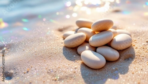 Fototapeta Smooth pebbles on sunlit sandy beach with sparkling ocean in background