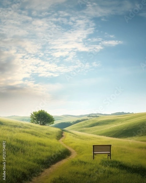 Fototapeta A bench is sitting in a grassy field with a tree in the background