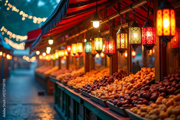 Fototapeta Vibrant Ramadan market with colorful stalls, dates, lanterns, and festive decorations