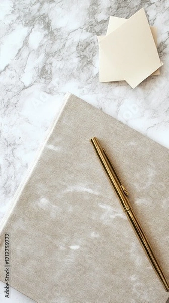 Fototapeta A flat lay of elegant office stationery: a Mocha Mousse notebook, a golden pen, and beige sticky notes on a marble background