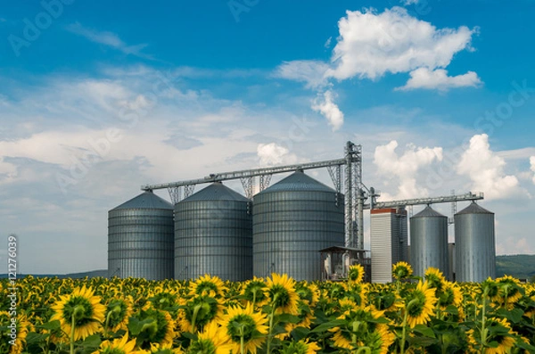 Obraz Silos. Warehouse storage of the harvest. Field with sunflowers.