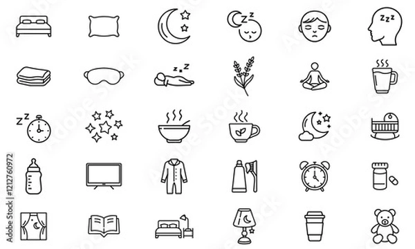 Obraz Set of 30 Outline Icons Related to Sleep, Bedtime, Rest, Sleep Hygiene, Sleep Disorders, and Relaxation. Editable Stroke. Vector Illustration.