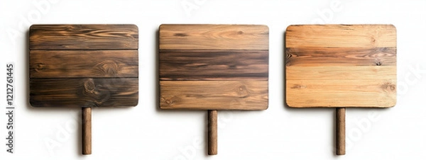 Fototapeta Wooden signboards with poles in three different finishes, showcasing natural textures and colors. Ideal for rustic decor or directional signage