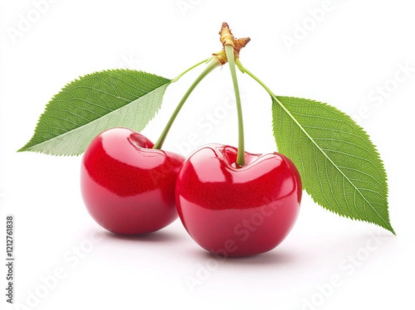 Fototapeta Fresh cherries with vibrant red color and green leaves on white background, showcasing their natural beauty and freshness. Perfect for culinary and decorative uses