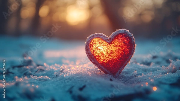Fototapeta A festive postcard design with a vibrant heart resting on a blanket of snow